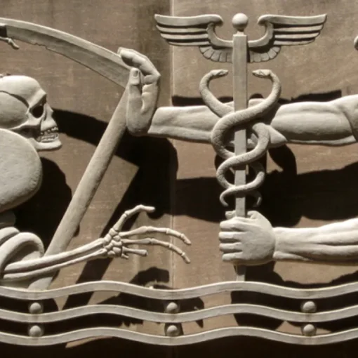 a picture of two figures incorporating various modern medical symbols - pharmakeia