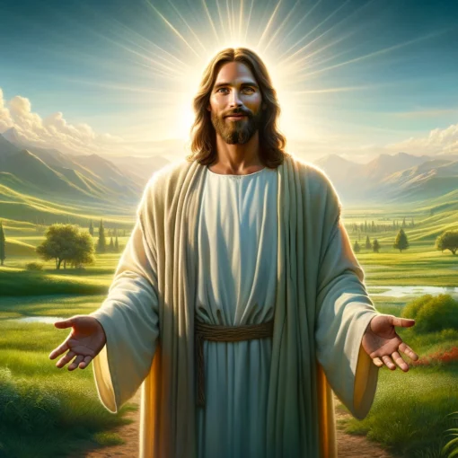 Jesus standing serenely with a backdrop of light and beautiful landscape.