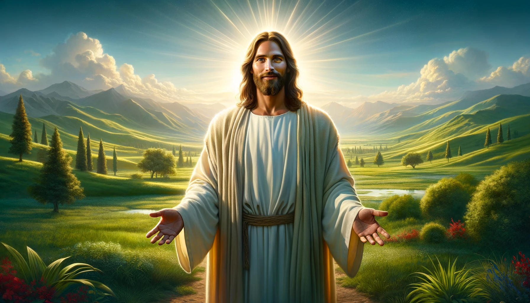 Jesus standing serenely with a backdrop of light and beautiful landscape.