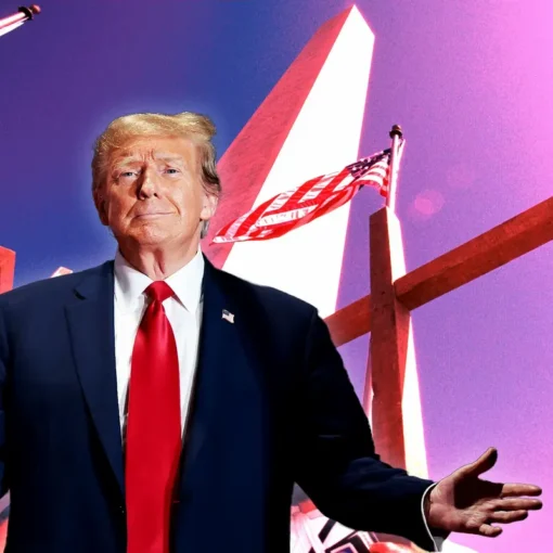 Donald Trump in front of a cross and American flag.