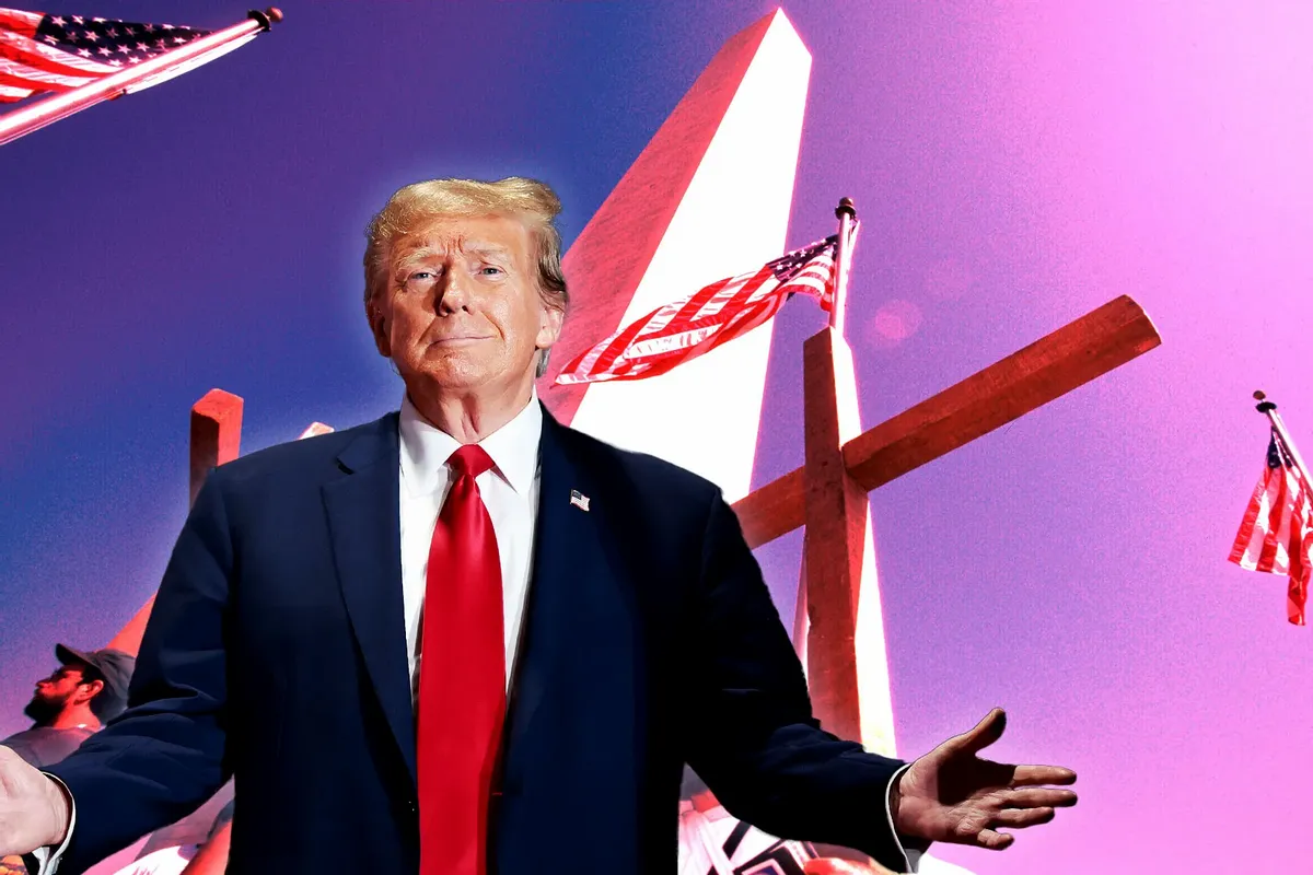 Donald Trump in front of a cross and American flag.