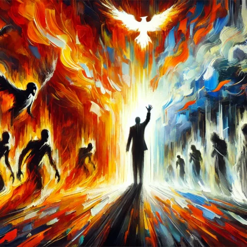 Expressionist-style image of a spiritual deliverance scene with bold colors. A central figure stands in radiant white and yellow light, raising a hand in a commanding gesture. Dark shadowy figures representing demonic forces retreat into a black background. The fiery hues of red, orange, and yellow create intense contrast, symbolizing the clash between good and evil. The image is filled with expressive brushstrokes, capturing movement and emotion, with exaggerated forms emphasizing the spiritual battle and victory.