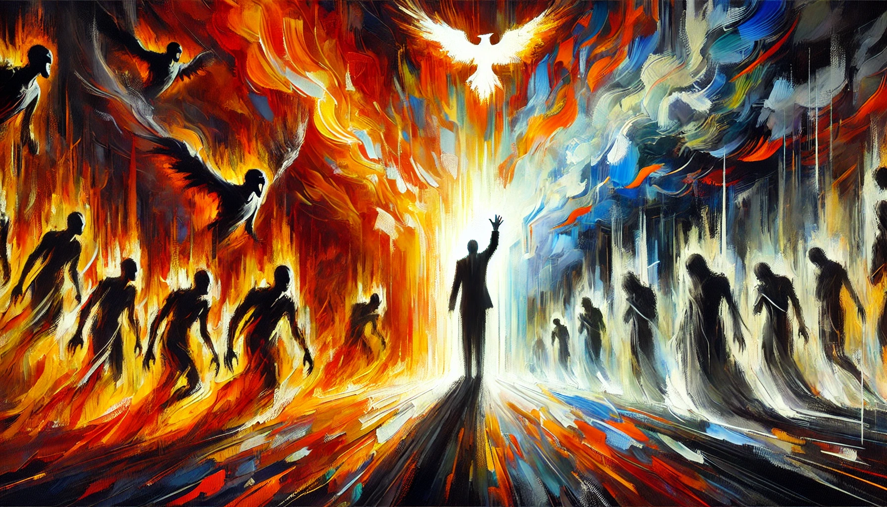 Expressionist-style image of a spiritual deliverance scene with bold colors. A central figure stands in radiant white and yellow light, raising a hand in a commanding gesture. Dark shadowy figures representing demonic forces retreat into a black background. The fiery hues of red, orange, and yellow create intense contrast, symbolizing the clash between good and evil. The image is filled with expressive brushstrokes, capturing movement and emotion, with exaggerated forms emphasizing the spiritual battle and victory.