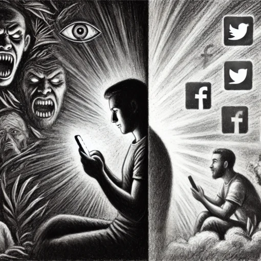 A charcoal-style drawing shows a split scene. On the left, a person is sitting alone, scrolling through their phone in a dark, shadowy environment. Surrounding them are ominous, swirling figures representing carnal desires such as violence and temptation. On the right, the same person is in a brighter, more open space, possibly with family. The setting is filled with soft light, symbolizing wholesome and friendly content. The contrasting sides reflect the tension between a hidden, private life filled with sinful temptations and a public, more righteous appearance. The overall tone is reflective and contemplative.