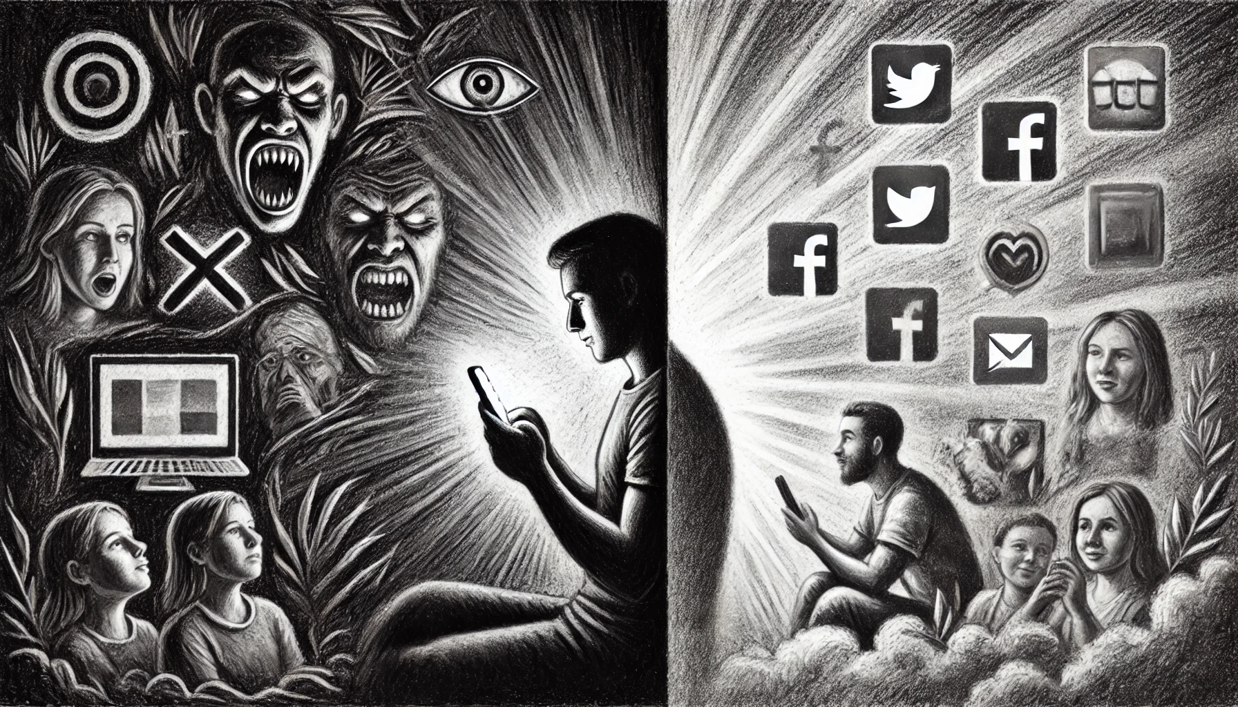 A charcoal-style drawing shows a split scene. On the left, a person is sitting alone, scrolling through their phone in a dark, shadowy environment. Surrounding them are ominous, swirling figures representing carnal desires such as violence and temptation. On the right, the same person is in a brighter, more open space, possibly with family. The setting is filled with soft light, symbolizing wholesome and friendly content. The contrasting sides reflect the tension between a hidden, private life filled with sinful temptations and a public, more righteous appearance. The overall tone is reflective and contemplative.