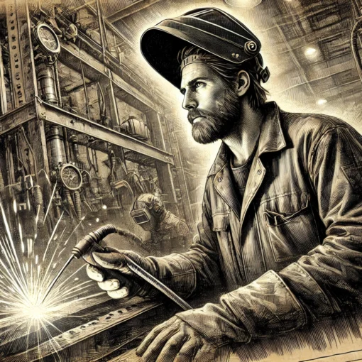 A detailed sketch of a welder in a factory, wearing protective gear and holding a welding torch. The welder has a tired, worn expression, suggesting exhaustion from long hours of work. He is surrounded by metal beams, industrial machinery, and faint sparks from welding work in the background. The sketch uses sharp lines and shading to emphasize the gritty, hard-working atmosphere of the factory environment.