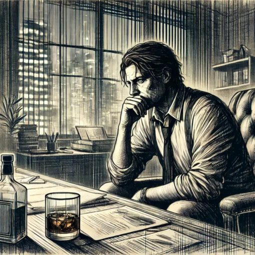 A sketch-style image of a man sitting in a dimly lit office, hunched over a desk scattered with papers and a whiskey glass. He appears tired, with dark circles under his eyes, staring blankly into the distance. In the background, a large window reveals a city skyline at dusk, adding to the sense of isolation and melancholy. The scene conveys a tense and somber mood, reflecting the man’s inner turmoil and despair. Detailed shading and soft lighting enhance the emotional depth of the image.