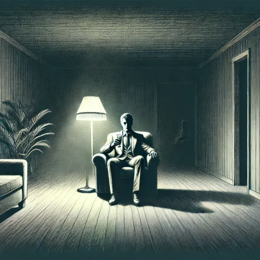 A sketch drawing of a man sitting in an easy chair in a dimly lit, sparsely decorated room. A lamp behind him casts a soft light, partially illuminating the space. The man holds a drink in one hand and stares into the darkness on the other side of the room, creating a mood of unease and foreboding. The scene is quiet but tense, with shadows creeping into the corners, suggesting an impending sense of dread.