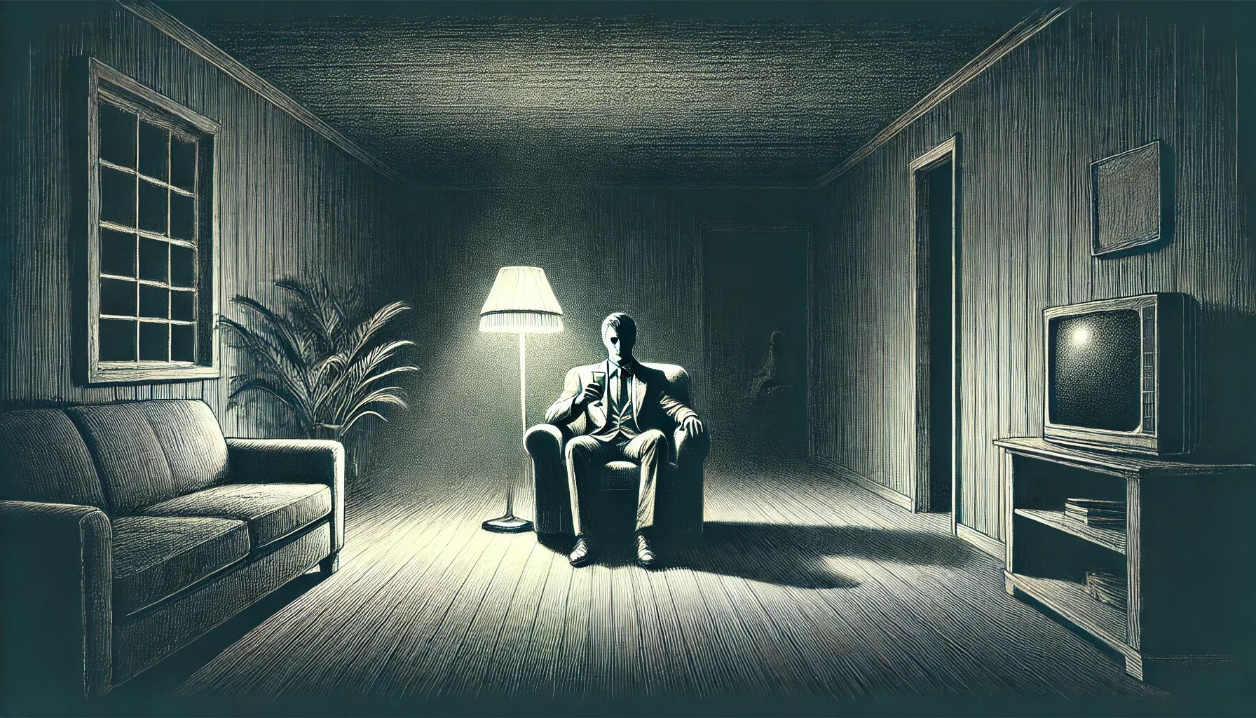 A sketch drawing of a man sitting in an easy chair in a dimly lit, sparsely decorated room. A lamp behind him casts a soft light, partially illuminating the space. The man holds a drink in one hand and stares into the darkness on the other side of the room, creating a mood of unease and foreboding. The scene is quiet but tense, with shadows creeping into the corners, suggesting an impending sense of dread.