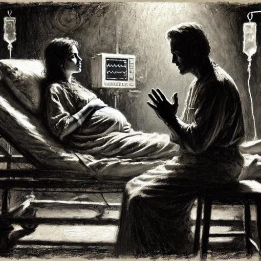 A rough charcoal drawing depicting a pregnant woman sitting on a hospital bed, her hand resting protectively on her belly. A man, presumably her husband, stands beside her, placing a comforting hand on her shoulder while praying. The scene is dimly lit, with soft shadows emphasizing the emotion on their faces. In the background, faint outlines of medical equipment and a doctor can be seen, though they are not the focus. The texture of the charcoal strokes creates a sense of depth and raw emotion, highlighting the spiritual intensity of the moment.