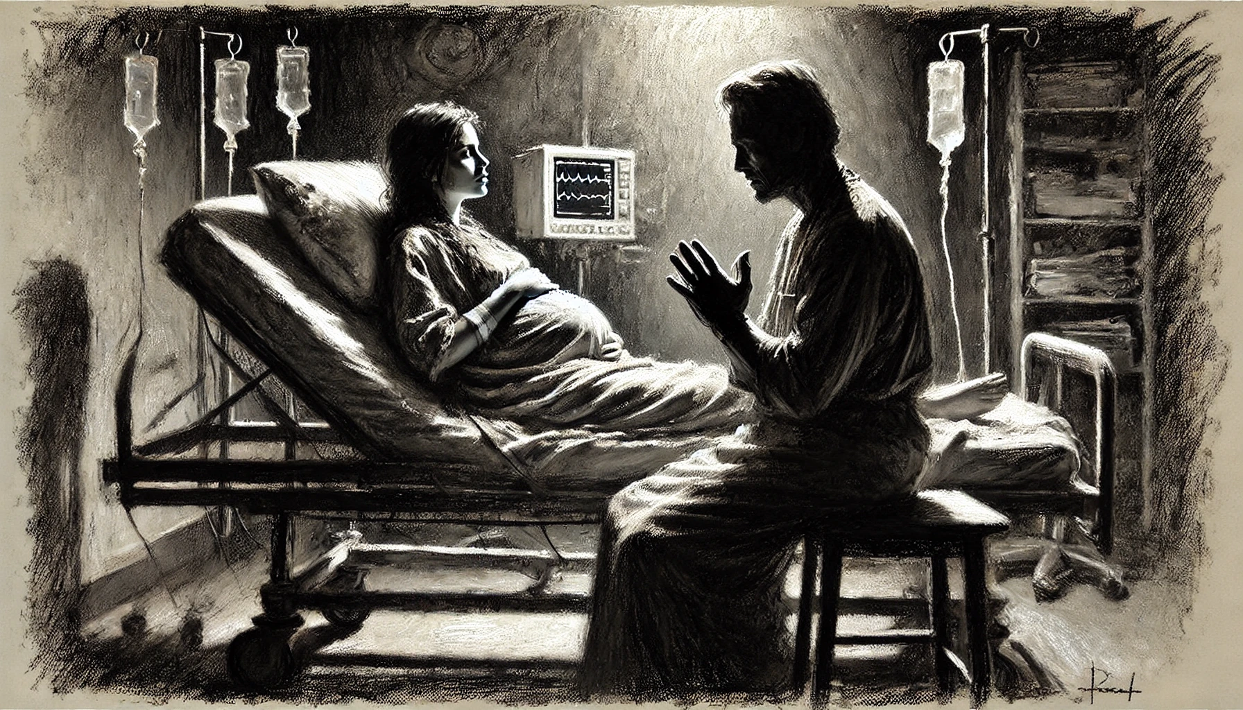 A rough charcoal drawing depicting a pregnant woman sitting on a hospital bed, her hand resting protectively on her belly. A man, presumably her husband, stands beside her, placing a comforting hand on her shoulder while praying. The scene is dimly lit, with soft shadows emphasizing the emotion on their faces. In the background, faint outlines of medical equipment and a doctor can be seen, though they are not the focus. The texture of the charcoal strokes creates a sense of depth and raw emotion, highlighting the spiritual intensity of the moment.