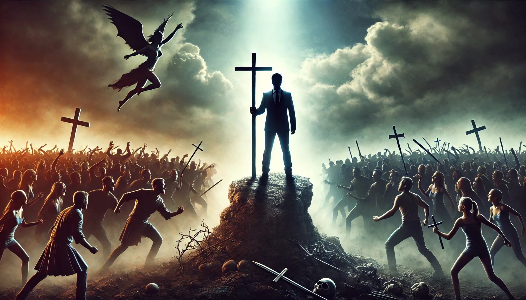 A lone Christian figure stands on elevated ground, holding a cross with confidence, facing a large, shadowy crowd below. The Christian is bathed in a bright, glowing light, symbolizing faith and truth, while the masses, representing worldly opposition, are depicted in shadow and chaos. Above, a stormy sky emphasizes the tension and conflict, creating a powerful contrast between light and dark, symbolizing the spiritual battle in the culture war. The Christian's posture is strong and resolute, standing firm against the cultural storm.