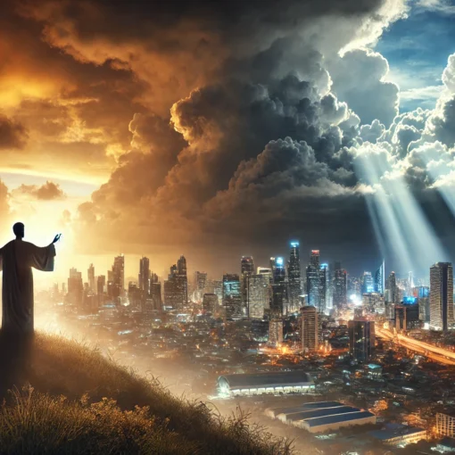 A modern city skyline at dusk is illuminated by a mix of warm sunlight and looming dark storm clouds, symbolizing both hope and judgment. In the foreground, a figure stands on a hilltop with arms raised to the sky, representing collective repentance and hope. Beams of sunlight break through the dark clouds, casting light on the figure and parts of the city. City lights are just beginning to flicker on, and the overall scene conveys a dramatic yet hopeful contrast between darkness and light.