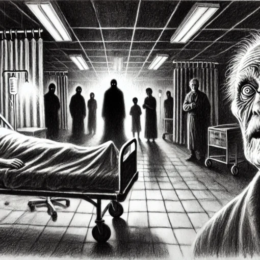 A dimly lit hospital room with flickering fluorescent lights is depicted in a pencil-sketch style. In the center, an elderly man lies in bed, his face frozen in terror, gripping the sheets tightly. Dark, shadowy figures loom at the foot of the bed, barely discernible but ominous. Several frightened family members stand to the side, watching in horror. The room is cramped, with medical carts and a partially drawn curtain hinting at another bed nearby. The sketch uses sharp lines and dramatic shading to enhance the eerie, supernatural atmosphere.