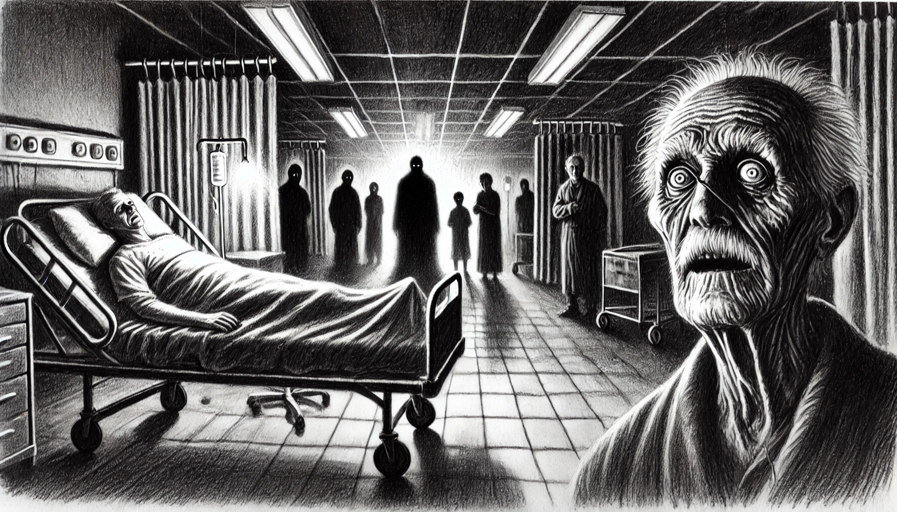 A dimly lit hospital room with flickering fluorescent lights is depicted in a pencil-sketch style. In the center, an elderly man lies in bed, his face frozen in terror, gripping the sheets tightly. Dark, shadowy figures loom at the foot of the bed, barely discernible but ominous. Several frightened family members stand to the side, watching in horror. The room is cramped, with medical carts and a partially drawn curtain hinting at another bed nearby. The sketch uses sharp lines and dramatic shading to enhance the eerie, supernatural atmosphere.