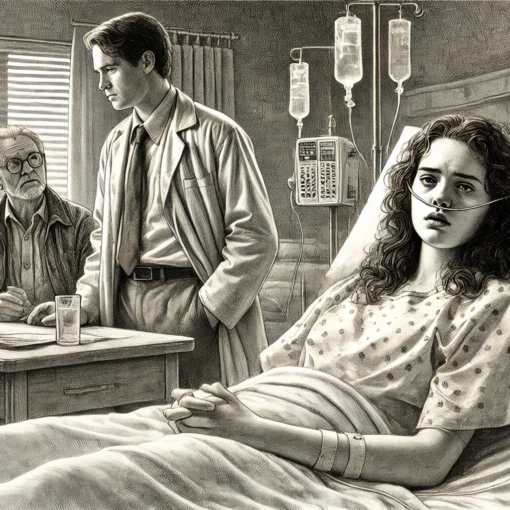 A detailed pencil sketch of a somber hospital room. At the center, a frail woman lies in a hospital bed, connected to an oxygen machine, her face showing a mix of anger and sorrow. Beside her, a teenage boy sits, holding her hand, with tears in his eyes. In the background, two men stand in quiet conversation, one older and one younger. The older man, calm and composed, appears to be a pastor, while the younger man looks more concerned. The room is softly lit, with deep shadows adding to the heavy atmosphere of tension and unresolved emotions.