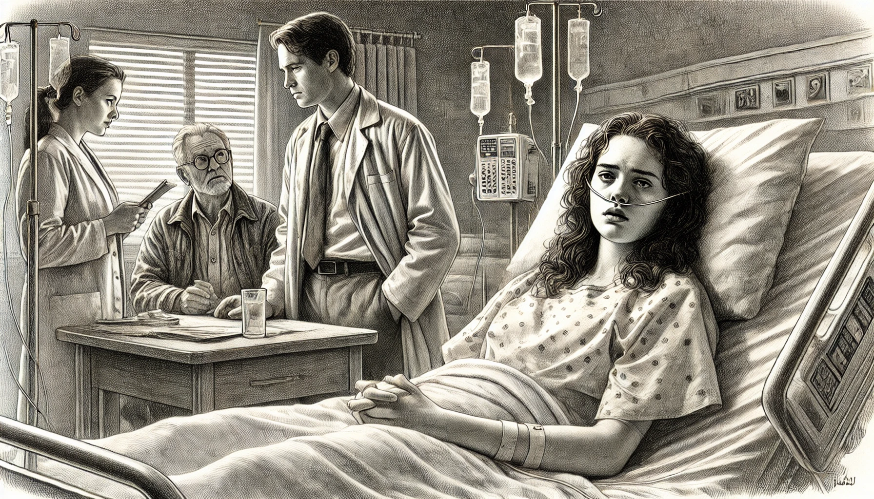 A detailed pencil sketch of a somber hospital room. At the center, a frail woman lies in a hospital bed, connected to an oxygen machine, her face showing a mix of anger and sorrow. Beside her, a teenage boy sits, holding her hand, with tears in his eyes. In the background, two men stand in quiet conversation, one older and one younger. The older man, calm and composed, appears to be a pastor, while the younger man looks more concerned. The room is softly lit, with deep shadows adding to the heavy atmosphere of tension and unresolved emotions.