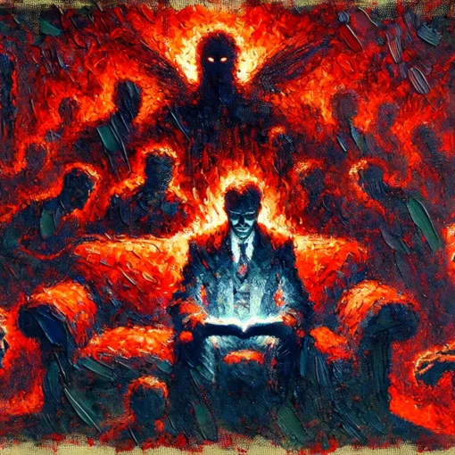 An impressionist painting in red and black tones shows a man sitting on a couch in a dimly lit room, his expression filled with fear. Shadowy, indistinct figures loom around him, blending into the dark, oppressive atmosphere. In contrast, a faintly glowing Bible rests on his lap, symbolizing a glimmer of hope amidst the surrounding darkness. The rough brushstrokes and deep color contrast evoke a sense of spiritual warfare and divine intervention, with the shadows seemingly encroaching but held at bay by the light of the Bible.