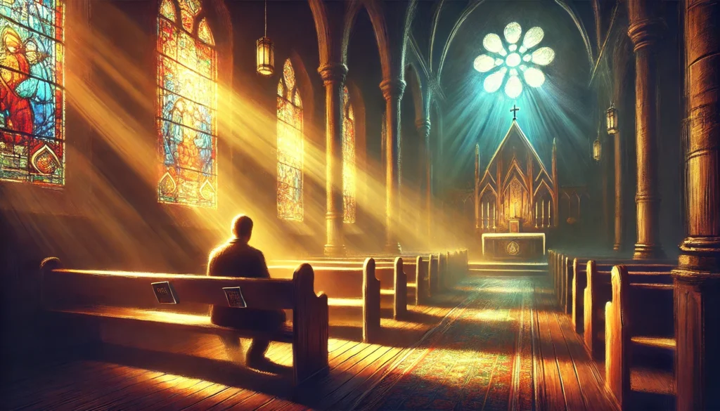 A serene, painting-style image of a person sitting alone on a wooden church pew in a dimly lit sanctuary. Sunlight streams through colorful stained glass windows, casting warm, multi-colored reflections across the room. The figure appears contemplative, with a Bible resting on the pew beside them, symbolizing themes of divine discipline, introspection, and spiritual restoration. The overall atmosphere is peaceful yet reflective, with light and shadow adding depth, representing a journey of returning to faith and finding hope.