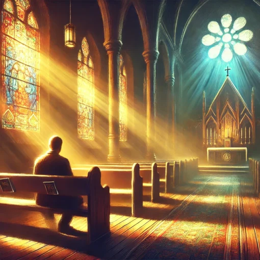 A serene, painting-style image of a person sitting alone on a wooden church pew in a dimly lit sanctuary. Sunlight streams through colorful stained glass windows, casting warm, multi-colored reflections across the room. The figure appears contemplative, with a Bible resting on the pew beside them, symbolizing themes of divine discipline, introspection, and spiritual restoration. The overall atmosphere is peaceful yet reflective, with light and shadow adding depth, representing a journey of returning to faith and finding hope.