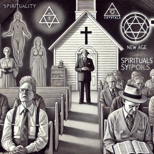 A pencil-style drawing depicts a small rural church with about 50 congregants. Dark, shadowy forms subtly creep into the church, representing a foreboding presence. In the background, a pastor and his wife stand apart, holding crystals and a mysterious cup, with expressions that seem distant and detached. Some congregants appear distressed, others are praying earnestly with open Bibles, and faint protective symbols like crosses are delicately outlined around them. The background hints at a spiritual shop with faint New Age symbols, symbolizing spiritual conflict and the intrusion of occult practices. The entire scene is shadowed, capturing a somber and cautionary mood.