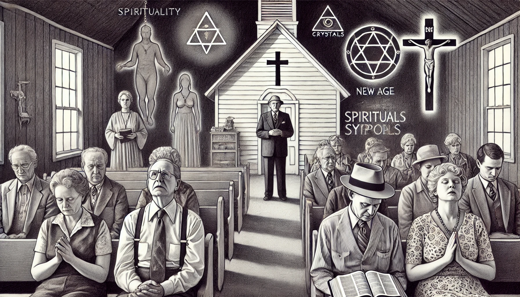 A pencil-style drawing depicts a small rural church with about 50 congregants. Dark, shadowy forms subtly creep into the church, representing a foreboding presence. In the background, a pastor and his wife stand apart, holding crystals and a mysterious cup, with expressions that seem distant and detached. Some congregants appear distressed, others are praying earnestly with open Bibles, and faint protective symbols like crosses are delicately outlined around them. The background hints at a spiritual shop with faint New Age symbols, symbolizing spiritual conflict and the intrusion of occult practices. The entire scene is shadowed, capturing a somber and cautionary mood.