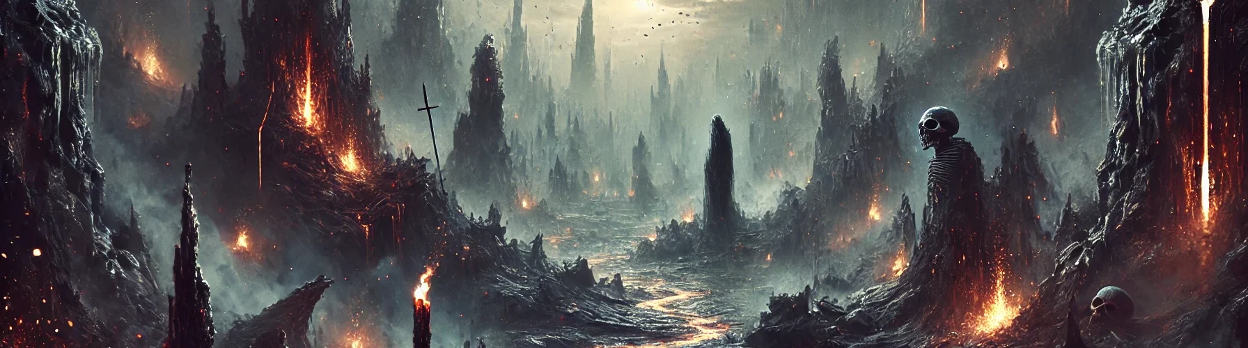 A haunting depiction of hell based on biblical descriptions. The image shows a barren, crumbling wasteland with jagged rocks and molten rivers of lava flowing chaotically. Flickering flames illuminate the oppressive darkness, while shadowy, twisted figures stand isolated in the distance. The sky is filled with swirling ash and storm clouds, creating an atmosphere of chaos, despair, and unrelenting torment.