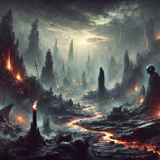 A haunting depiction of hell based on biblical descriptions. The image shows a barren, crumbling wasteland with jagged rocks and molten rivers of lava flowing chaotically. Flickering flames illuminate the oppressive darkness, while shadowy, twisted figures stand isolated in the distance. The sky is filled with swirling ash and storm clouds, creating an atmosphere of chaos, despair, and unrelenting torment.