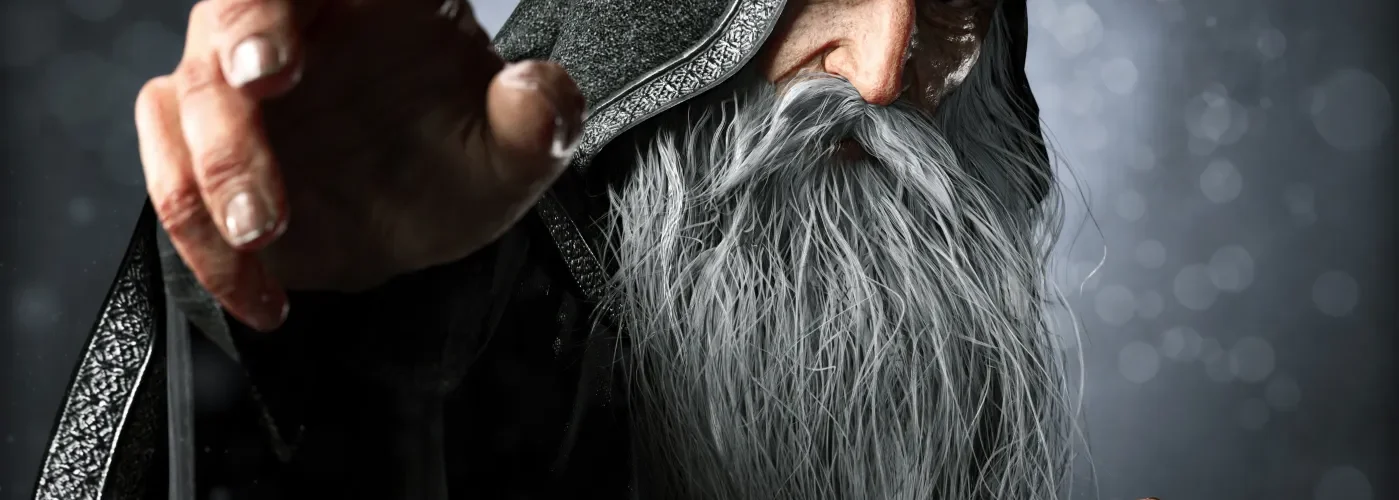 A realistic 3D-rendered image of an elderly sorcerer with long, flowing gray hair and beard. He is wearing a hooded, textured dark robe with intricate silver embroidery along the edges. The sorcerer’s face is stern and weathered, with deep wrinkles and piercing eyes staring intently. His extended hand reaches forward, as if casting a spell or pointing with power. The background is blurred, featuring glowing orbs of light, creating a magical and atmospheric setting.