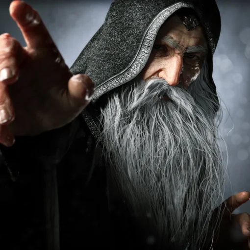 A realistic 3D-rendered image of an elderly sorcerer with long, flowing gray hair and beard. He is wearing a hooded, textured dark robe with intricate silver embroidery along the edges. The sorcerer’s face is stern and weathered, with deep wrinkles and piercing eyes staring intently. His extended hand reaches forward, as if casting a spell or pointing with power. The background is blurred, featuring glowing orbs of light, creating a magical and atmospheric setting.