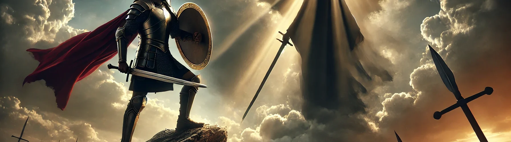 Christian warrior in full biblical armor, including helmet, breastplate, shield, and sword, standing boldly on a rocky cliff. He faces off against a shadowy, menacing figure representing the devil. A dramatic storm-filled sky looms overhead, with a powerful ray of divine light breaking through the clouds, symbolizing God's presence and victory over darkness.