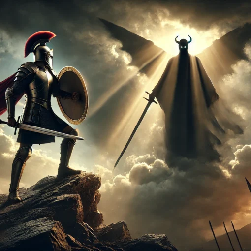 Christian warrior in full biblical armor, including helmet, breastplate, shield, and sword, standing boldly on a rocky cliff. He faces off against a shadowy, menacing figure representing the devil. A dramatic storm-filled sky looms overhead, with a powerful ray of divine light breaking through the clouds, symbolizing God's presence and victory over darkness.